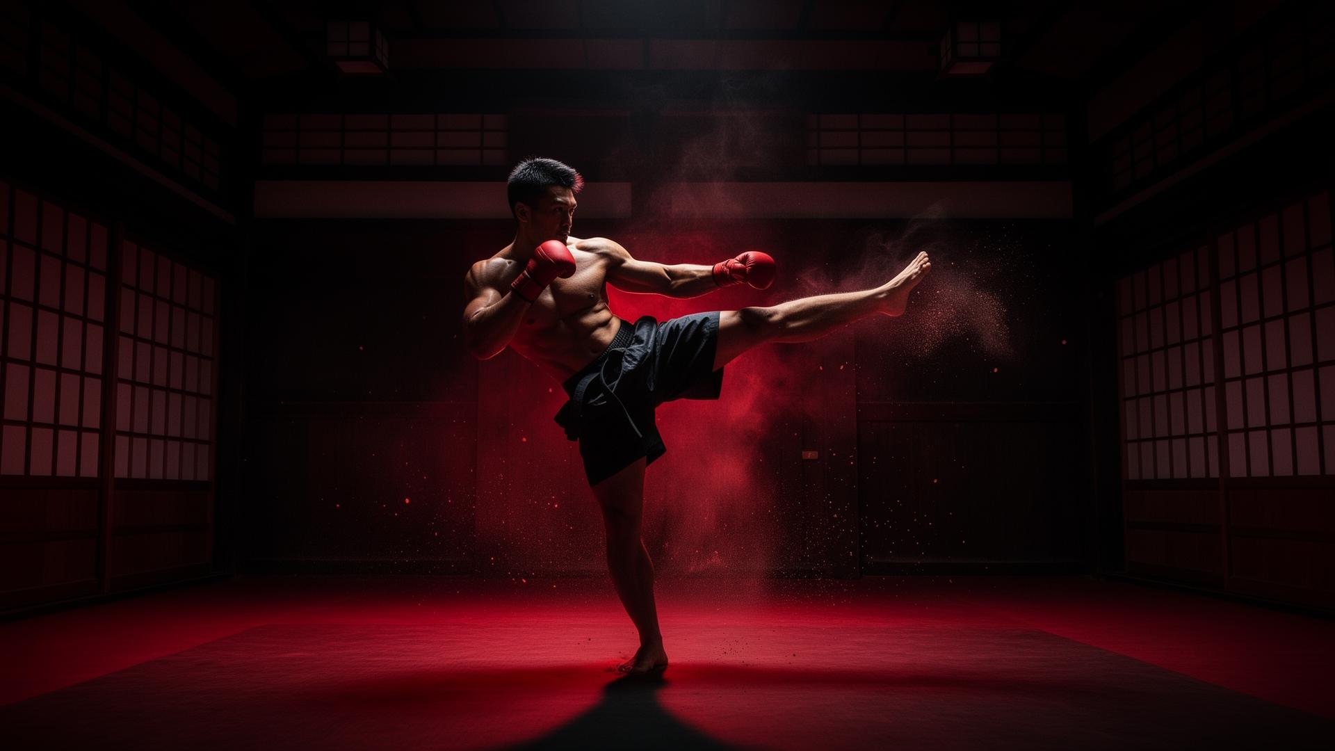 Kickboxing champion training in a dojo